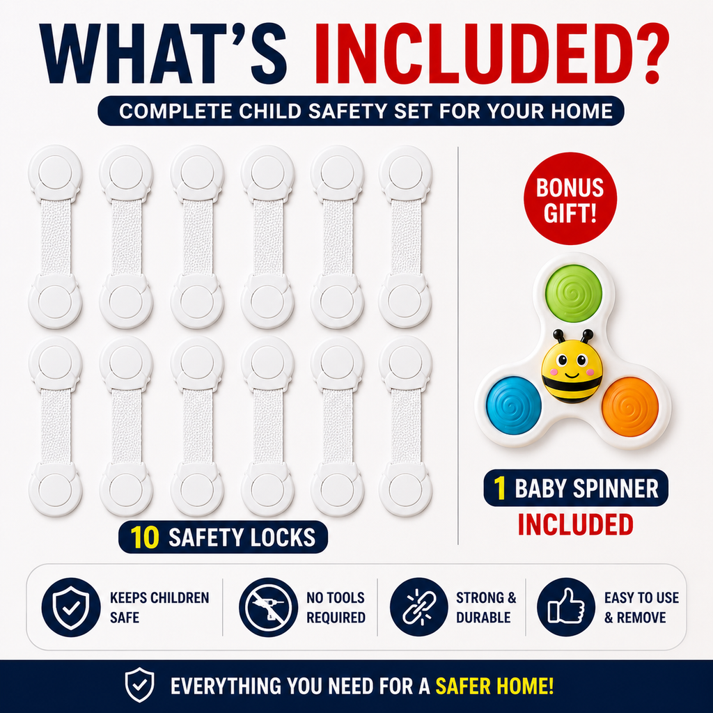 Baby Safety Starter Kit | 10 Cabinet Locks + FREE Spinner Toy
