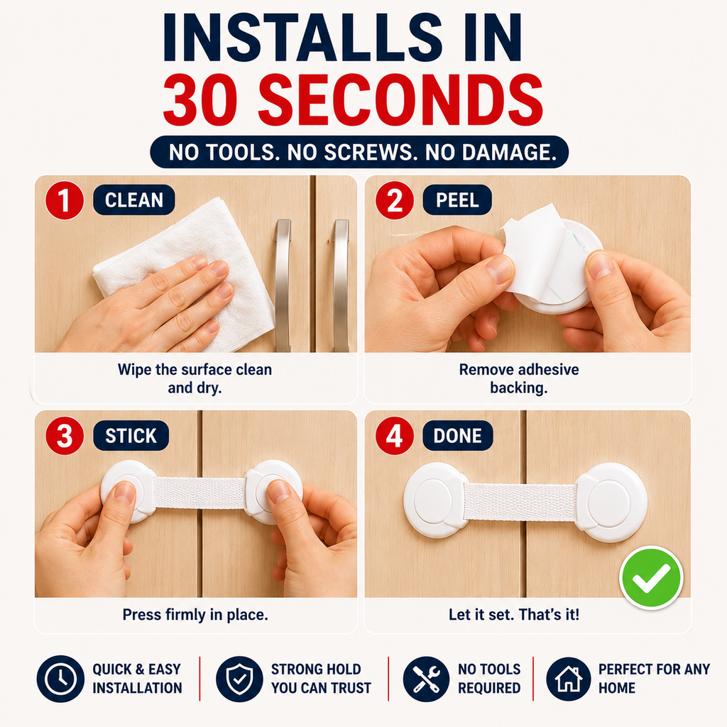 Baby Safety Starter Kit | 10 Cabinet Locks + FREE Spinner Toy