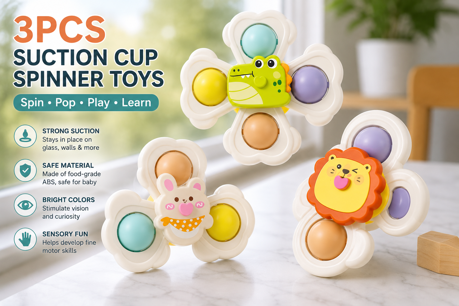 3PCS Baby Suction Cup Spinner Toys - Sensory Fidget Toy Set